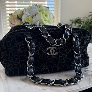 CHANEL Black Laser Cut Suede Camellia Chain Shoulder Bag. VINTAGE